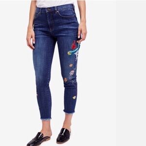 Free People Dark Blue Cropped Embroidered Skinny Jeans